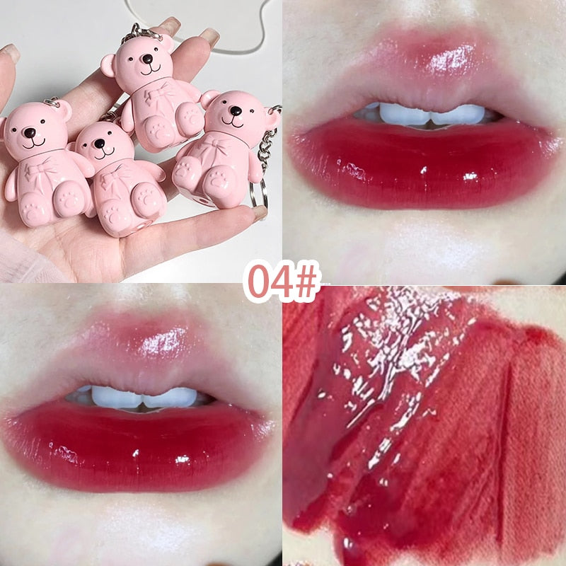 Keychain Mirror Lip Gloss Cute Bear Jelly Liquid Lipstick